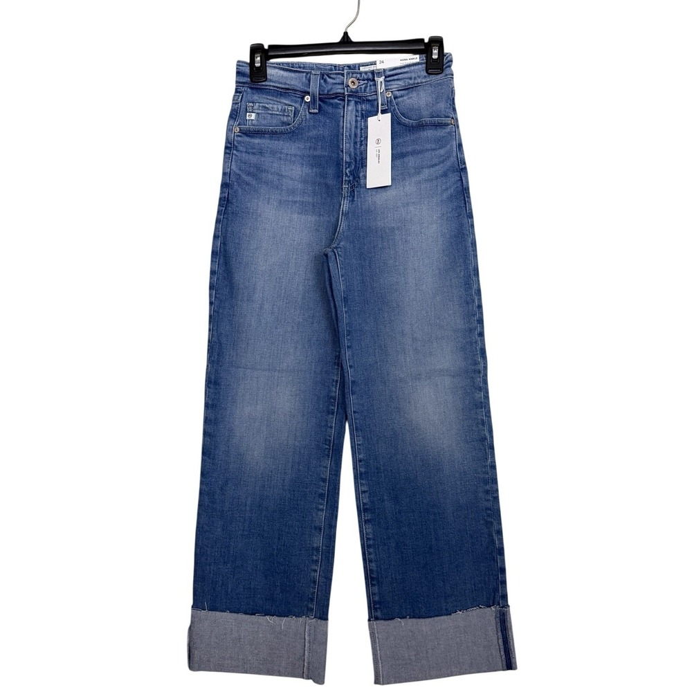 NWT $235 AG Kora High Rise Wide Leg‎ Raw Hem Cuffed Jeans Sz 24 Light Wash